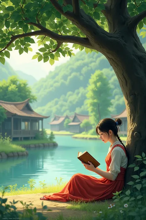 A 20 years old village girl reading book under a tree in front of a River 