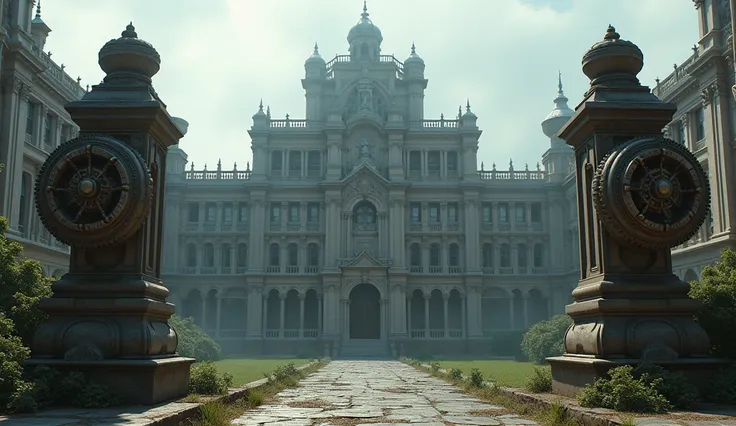 Steampunk art, high detailed, The palace is grand yet eerie, imposing structure, and broken windows give it a haunted look. The entrance is guarded by two weathered stone statues, Wheels. 