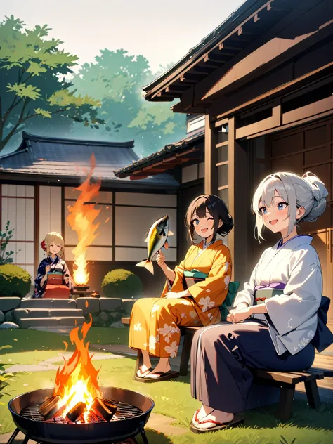 2 grils, two people grilling one big fall fish, bonfire, kimono, Japanese house garden, fall, chill, smile,masterpiece, best quality, very aesthetic, absurdres