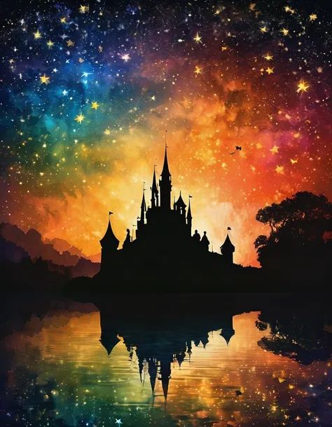 Shadow art, silhouette art, everything except the shadows is colored with colored cellophane, masterpiece, shadows of prince and princess facing each other, bright starry sky, castle background, angels ladder, fairy tale land, never-never land, starry sky ...