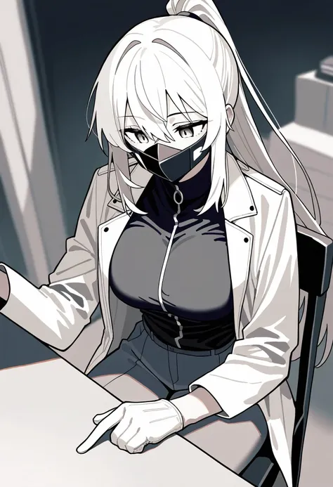 mange style,masterpiece,best quality,good quality,newest,newest,general,cinematic angle,(monochrome:1.2),BREAK 1girl,34yo,solo,Dark Hero,white hair,ponytail,(white Hero mask:1.2),coat,sitting on chair,BREAK association room,detailed background,