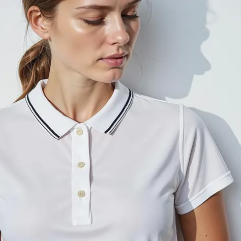 um close up de uma mulher brasileira com uma Polo Shirt branca, uniform branco, vestindo Polo Shirt, Polo Shirt,  short sleeves, uniform, plain uniform sky, Easy, Monica, &quot;organic, Polo Shirt branca fina, uniform off - white sky