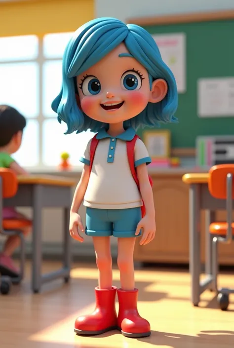 Katy,  an  girl,  with big, pretty blue eyes ,  SHOULDER-LENGTH BLUE HAIR ,  WHITE POLO SHIRT AND BLUE SHORTS AND RED SCOUT BOOTS, She looks happy , IN 3D PIIRAX STYLE .  SHES IN A CLASSROOM .