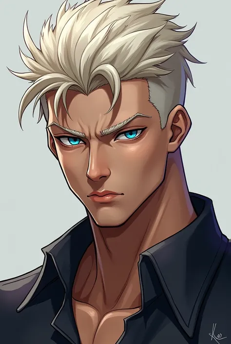 He has short, platinum-colored hair, styled in a slightly spiked manner, with bright blue eyes that shine with intensity and calm determination. His physique is muscular and well-built, a result of years of intense training. His youthful face contrasts wit...