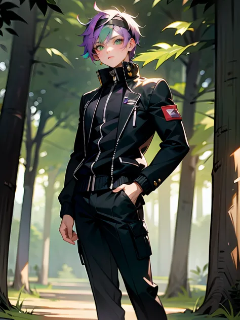 1male, black headband, calm expression, purple and green eyes, heterochromia, black tracksuit, zipped up, gakuran uniform, lean ...