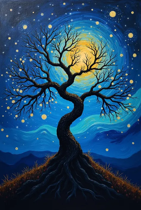 make a painting with a singular tree with many trunks at a night sky and make it look like starry night by Vincent van Gogh 