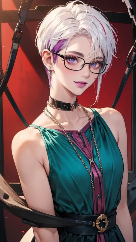 8k, masterpiece, best quality, highly detailed, 1 girl, devil, demon horns, warlock, pixie cut, white hair, multicolored hair, very short straight hair, red highlight hair on white hair, stippled hair, wearing glasses, round glasses, earrings, red eyeshado...