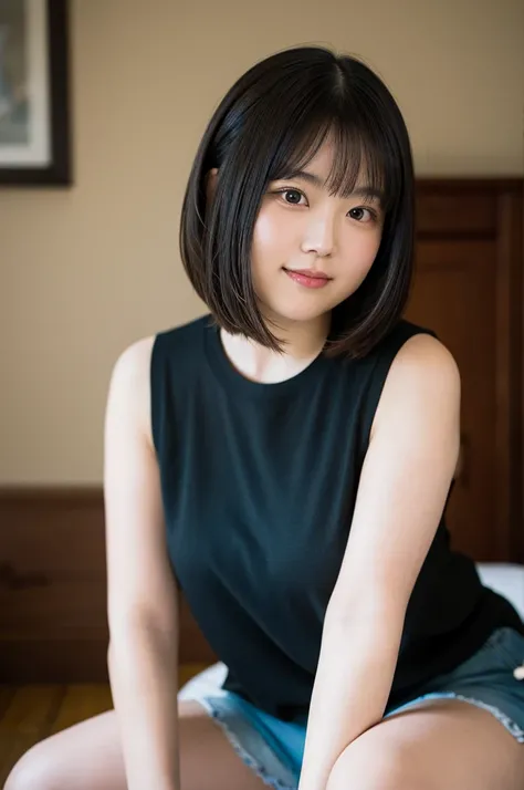 A full-body portrait of an extremely overweight Japanese woman wearing a black sleeveless knit top, realistic proportions, and finely detailed features. The woman has thick legs, thick arms, a round face, and chubby cheeks, with a friendly smile. Her hair ...