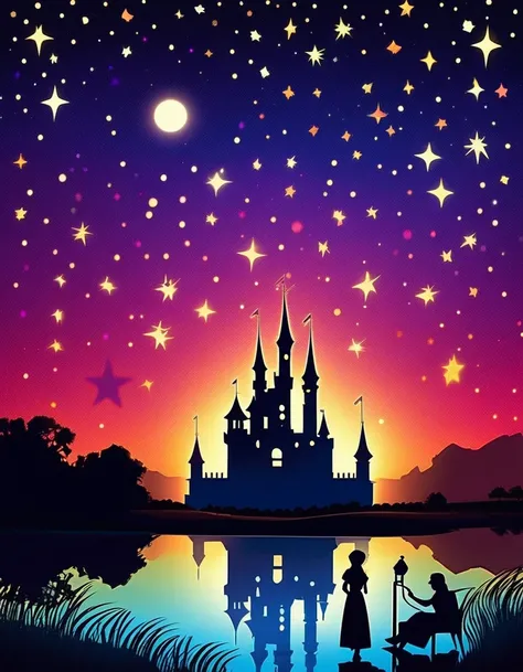 Shadow art, silhouette art, everything except the shadows is colored with colored cellophane, masterpiece, shadows of prince and princess facing each other, bright starry sky, castle background, angels ladder, fairy tale land, never-never land, starry sky ...