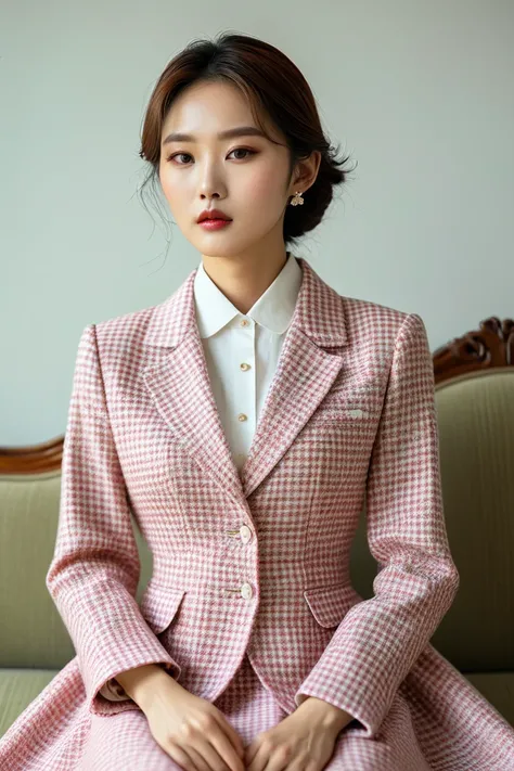 A Korean man in ladies vintage suit dress, big breast like a woman, slender female body, white and pink, long sleeves, tweed, sit quietly