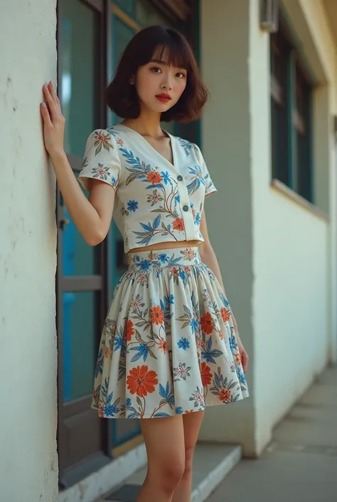 Beautiful asian hair  bob and blues motif floral and skirt short span  fashion like old  wear shoes vantovel times 1987s photo swlful body image standing whit one  hand on wall  on building old hdr 75k realistic real clear