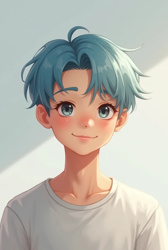 A cute young man with short hair and light blue hair