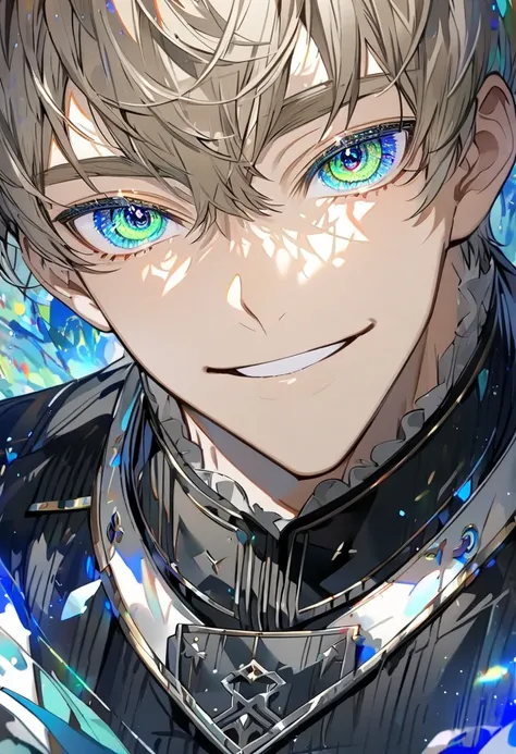 Handsome, solo, 1boy,light brown hair, ((blue mix with green eyes)), smiling, wearing uniform , ((handsome)), black uniform, very beautiful, attractive, detailed eyes, multicolored eyes, very handsome, very detailed, (((detailed eyes)))