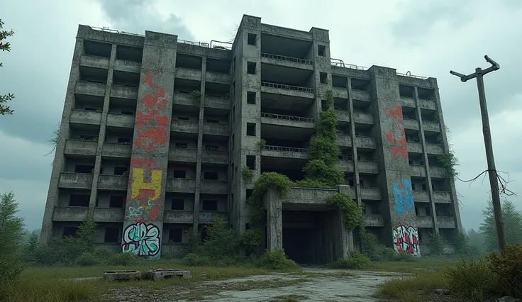 "A massive, five-story abandoned building, crumbling with age, covered in graffiti and overgrown with creeping vines. The sky above is overcast, and shadows seem unnaturally deep around the buildings broken windows and sagging door. The scene has an eerie,...