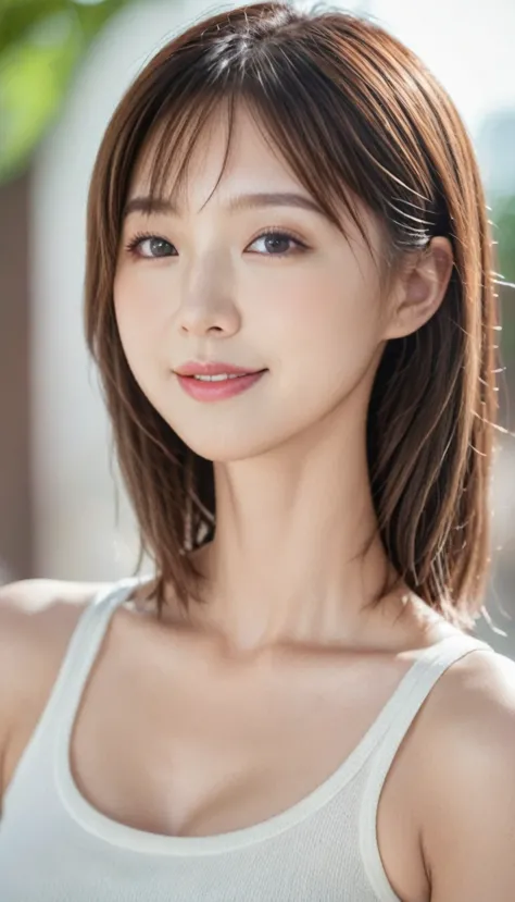 close-up of cute korean woman, breast size 36 ,  selfie ,  makes cheeks swell , wear a tank top,  shorts,  background bokeh , uh...