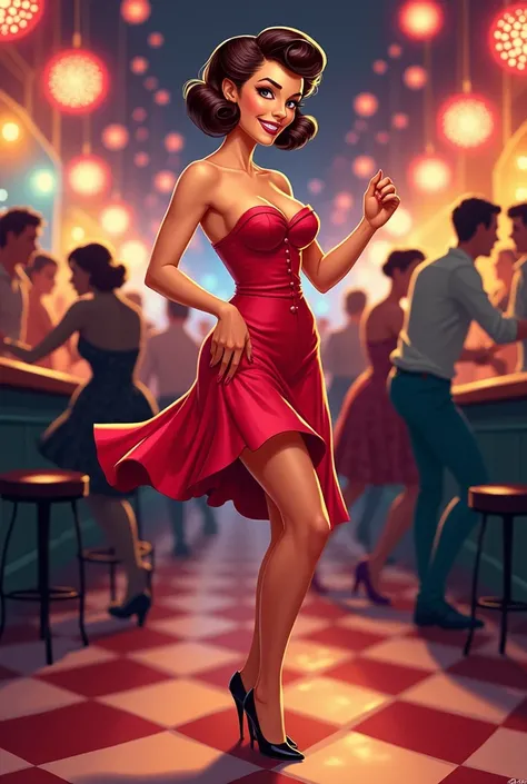 Create a Pinup , With vintage dress,  short hair,  dancing at a nightclub 
In Cartoon  