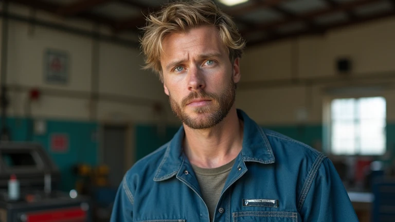  Realistic portrait of a man of about 35 years old with short blond hair,half disheveled and blue eyes , wearing a mechanics jumpsuit .  He is standing in a mechanical workshop ,  cinematographic composition , trend in art station
