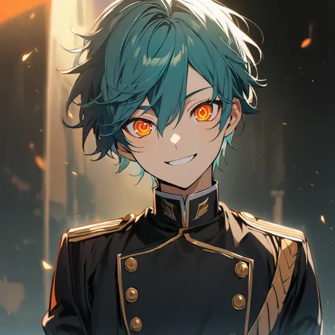 1 boy, Turquoise hair, orange eyes, black cloth, handsome, wearing uniform, orange eye liner, smiling, detailed, detailed eyes, young boy