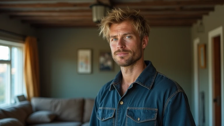  Realistic portrait of a man of about 35 years old with short blond hair,half disheveled and blue eyes , wearing a mechanics jumpsuit . He is standing in a modest living room,  cinematographic composition , trend in art station
