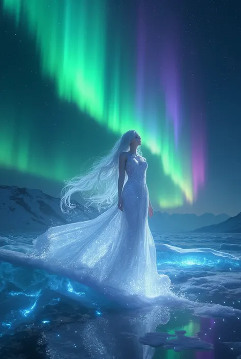 An ethereal and breathtaking scene of a vibrant aurora borealis dancing across the night sky, illuminating a massive, crystalline glacier below, The glacier shimmers with hues of blue, turquoise, and white, reflecting the celestial lights above, Standing g...