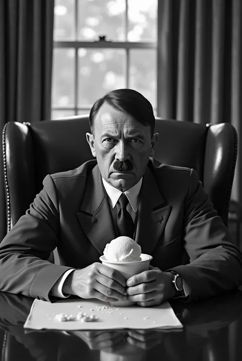 Adolf Hitler in the Oval Office of the White House ,  sitting at the table eating vanilla ice cream .  All in the style of an old black and white photo.