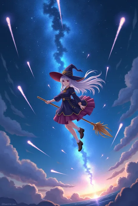 Masterpiece,best quality,ultra detailed,anime style,A starry night, a meteor shower, a young girl, silver hair, a witchs hat, a witchs clothes, long hair, star-shaped earrings, floating in the air, waving a staff, a large number of meteors falling towards ...