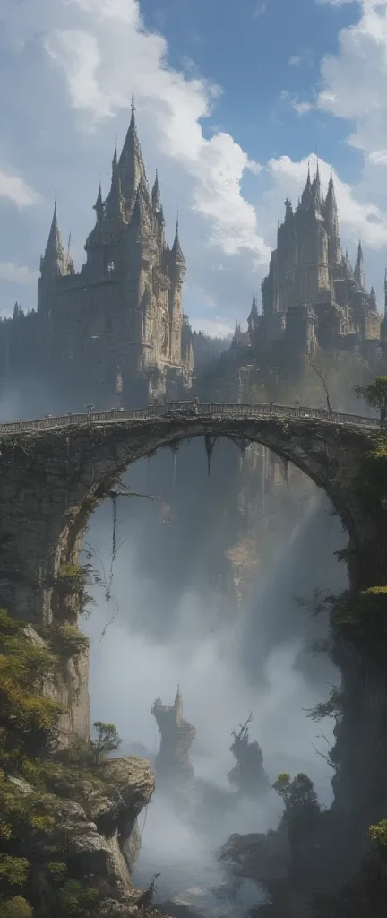  A very old bridge ( float in the sky , 即将倒塌,  Many rainbows shine through the mist ) connected to an ancient castle  float in the sky .  is diffusely reflected through the fog .  stretch far into the foreground ， is about to collapse and . in the thick fo...