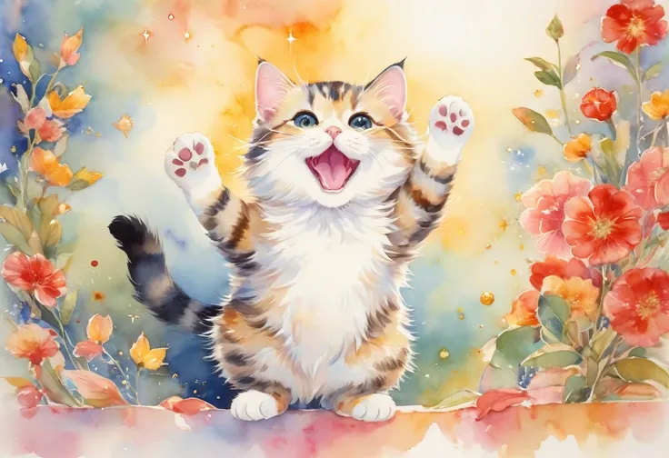 ((Playing cat)),dance, raise your hand,Jump, mouth on the palm of your hand,indoor,masterpiece, best quality,Fluffy cat,little,cute,Futebuteshi,fun,happiness,,Refined Scenery ,Glitter Effect,celebration, anatomically accurate,all the best,最高にcute猫,cute猫，, ...