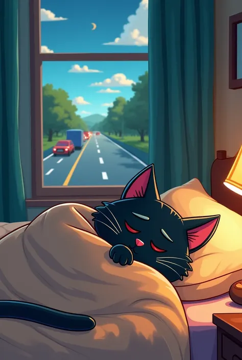 A black cartoon cat is sleeping on a bed in the room at home, wrapped in a cloth, and the cat dreams of being hit by a truck while walking on the road.