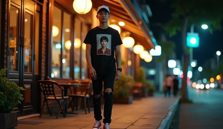 wide photo 15 meters distance of a Thai man, skinny, short hair, wearing a baseball cap, standing outside a cafe, black t-shirt with a picture, black ripped jeans, red converse shoes, night, cinematic, l