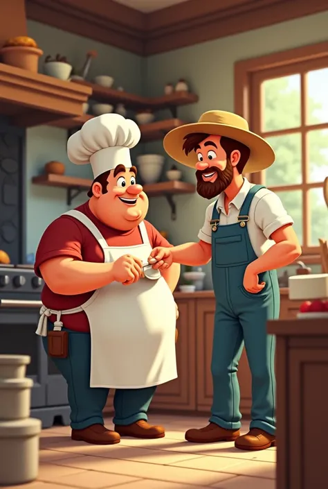 A Baker and a Gardener  (both men)  animated cartoon the gardener helps you repair your oven