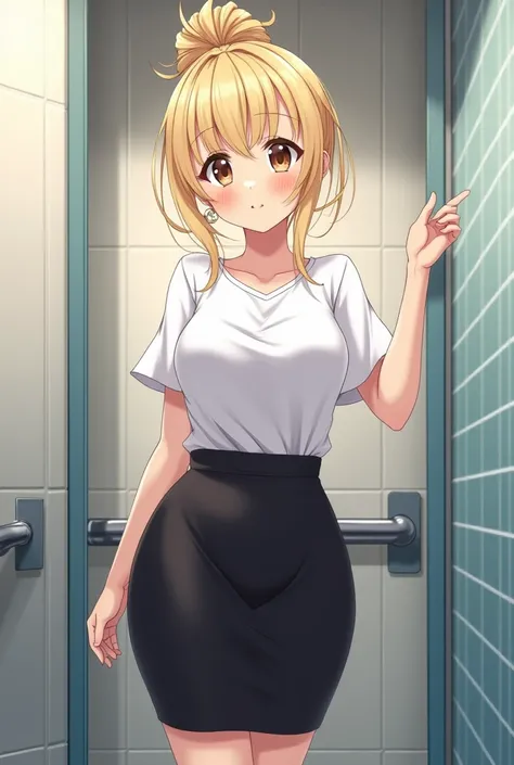 (((hd photo))), character name is Rina, teacher, white uniform, black pencil skirt, blonde messybun hair, blushes cheek, big breast, brown eye, standing on bathroom, anime girl, 23 years old,