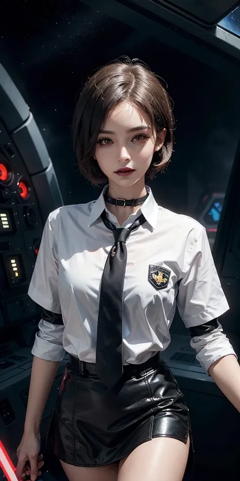 1girl, woman, emo_hairstyle, black lipstick, dog collar, eyeliner, eye shadow, smoky eyes, realistic lighting, school, shirt , necktie, mini skirt, black tighhighs, short hair, flat chest, shiny skin, smug, smirk, in dark star wars Spaceship, sexy pose, sh...