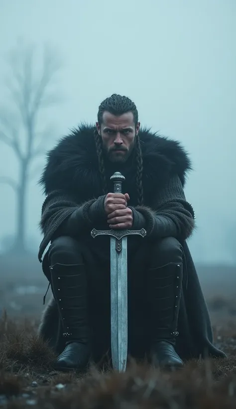 A medium shot of a Viking warrior kneeling with his head bowed, gripping his sword in front of him, his braids hanging down, his intense light gray eyes looking up at the viewer, surrounded by dense mist in a desolate landscape, a sense of solemn reflectio...