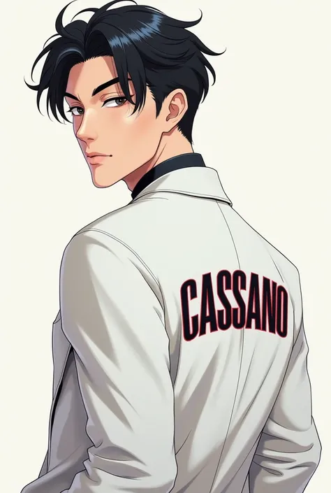 Anime photo of saucy Korean guy wearing white coat 
theres Cassano writing on the back 