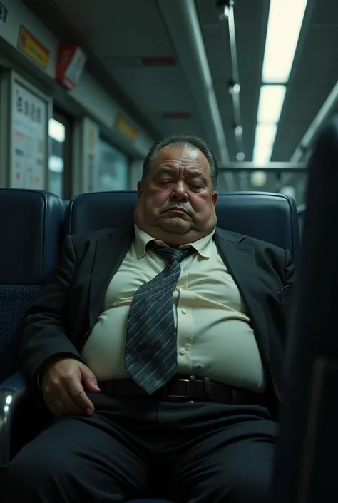 Realistic scene of a middle-aged drunk fat Japanese man, Sleep in a seat ,  tired and shabby clothes . He is dressed in slightly rumpled,  modern business wear , with the setting being indoors,  for example public transportation seats .In the middle of the...