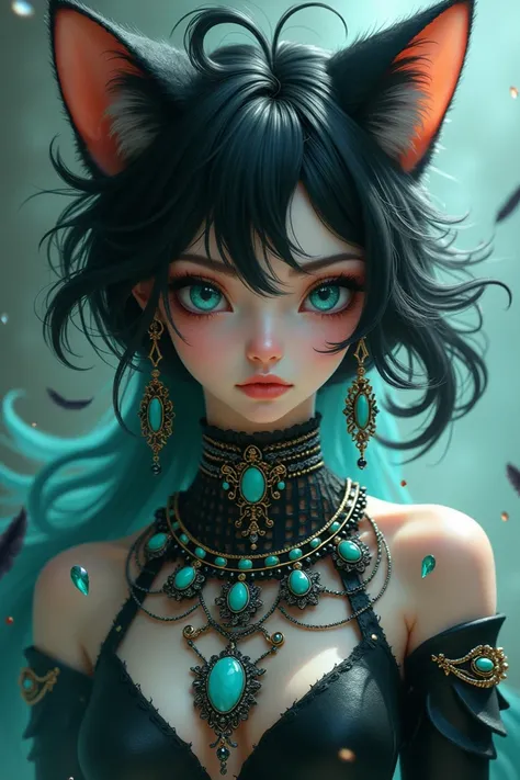 Create an 8K high definition digital artwork featuring a humanoid figure with feline characteristics. The figure should have pronounced cat-like ears, intense eyes, and be adorned with intricate jewelry including a prominent necklace with large teal gemsto...