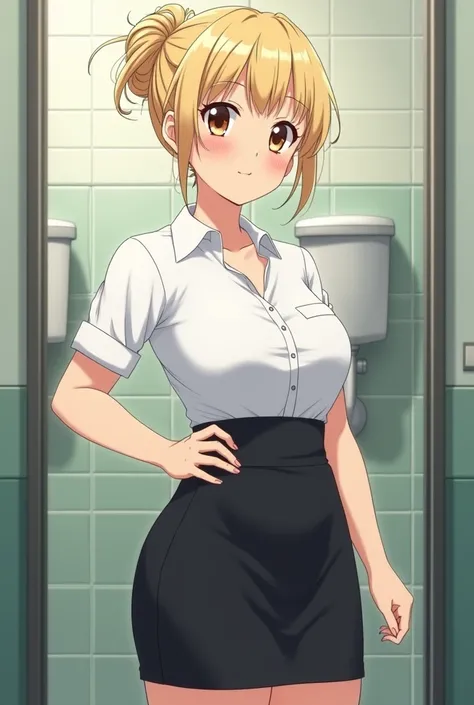 (((hd photo))), character name is Rina, teacher, white uniform, black pencil skirt, blonde messybun hair, blushes cheek, big breast, brown eye, standing on bathroom, anime girl, 23 years old,