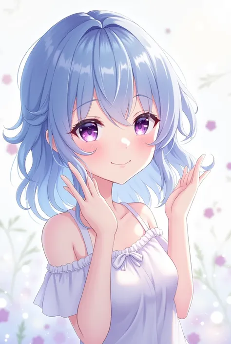 Make me,  of one female anime character ,  with a slightly voluminous long rsmbut. blue, with purple eyes ,  and wear a little polite dress ,  yet waving , and just smiling ,  with a half-body photo 