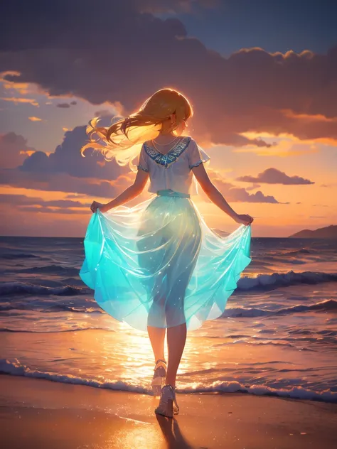 masterpiece，  High Quality ， Still Image，  girl，blonde，  knight ，Night Sky，  in the sky， cloud girl， cloud， （features： 1.1），  rich and colorful ， transparent body ，Sparkling，Full body love ，  GREEN SKIRT ， blue skirt ，Transparent closing 
