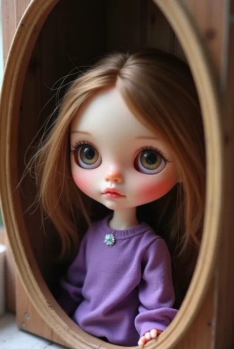 Create a Blythe doll with long bangs in brown curls, big brown gray eyes looking to the side, blush pink cheeks, attach the lower lashes, put on a purple blouse. The background is a brown wooden room with a fairy-like brown wooden room with a mirror in the...