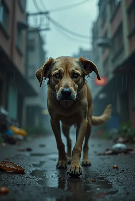 a sad dog moving through street