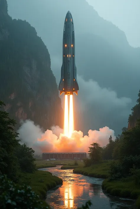 A launch pad of a shai backing into the Earths atmosphere in a cool rainy green place