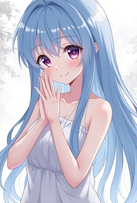 Make me,  of one female anime character , with very long rsmbut a little voluminous. blue, with purple eyes ,  and wear a little polite dress ,  yet waving , and just smiling ,  with a half-body photo 