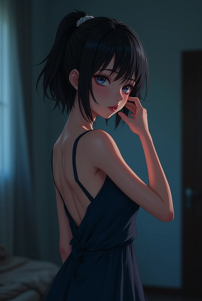 A beautiful anime-style woman with short, messy black hair tied partially, wearing an elegant deep-blue backless dress. She is standing in a dimly lit room.Her pose is relaxed yet graceful, one hand gently running through her hair. The atmosphere is myster...