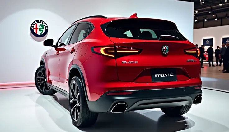 A full attractive hd photo of new 2025 Alfa Romeo stelvio red color of exterior. A white shiny showroom background logo on the wall. A car with back view of vehicle.