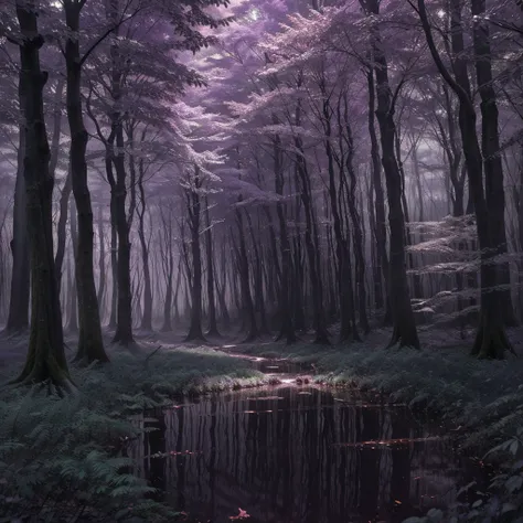 A mystical, enchanted forest shrouded in deep shades of purple and violet. The towering trees stretch upward, their bark glowing faintly as if imbued with ancient magic. Delicate, luminous flowers bloom along winding paths, their petals shimmering like sta...