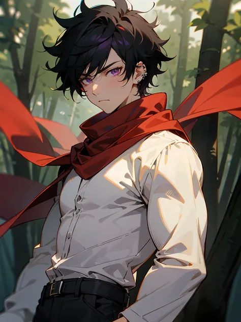 1male, Spiked Messy Black Hair, Somber expression, Purple Eyes , White Fitted Longsleeve Shirt ,Ear Piercings, Red Scarf, lean muscular build, black cargo pants, perfect generation, Forest Background , Detailed Background, Vibrant Background