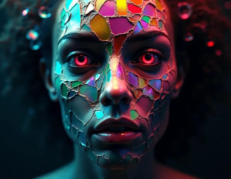 A face made of broken glass in rainbow colors, style 3D rendering, style photorealistic, fantasy art, impressionist, sharp focus, bokeh, very detailed, sunlight, detail, close-up, sf, intricate artwork masterpiece, ominous, matte painting movie poster, gol...