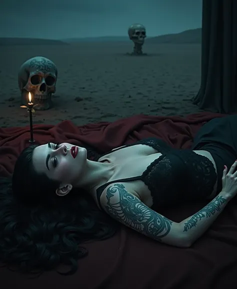  Gothic woman lying dreamily on bed, Picture in blue black and red ,  woman tattooed long black hair , On the dessert there is a tattooed skull with a black candle burning